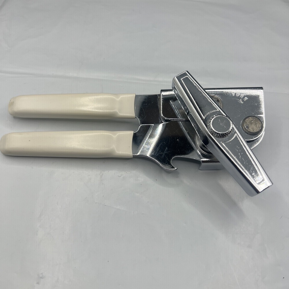 Vtg Swing-A-Way Manual Can Opener White Handle Grip Bottle Opener Made In USA